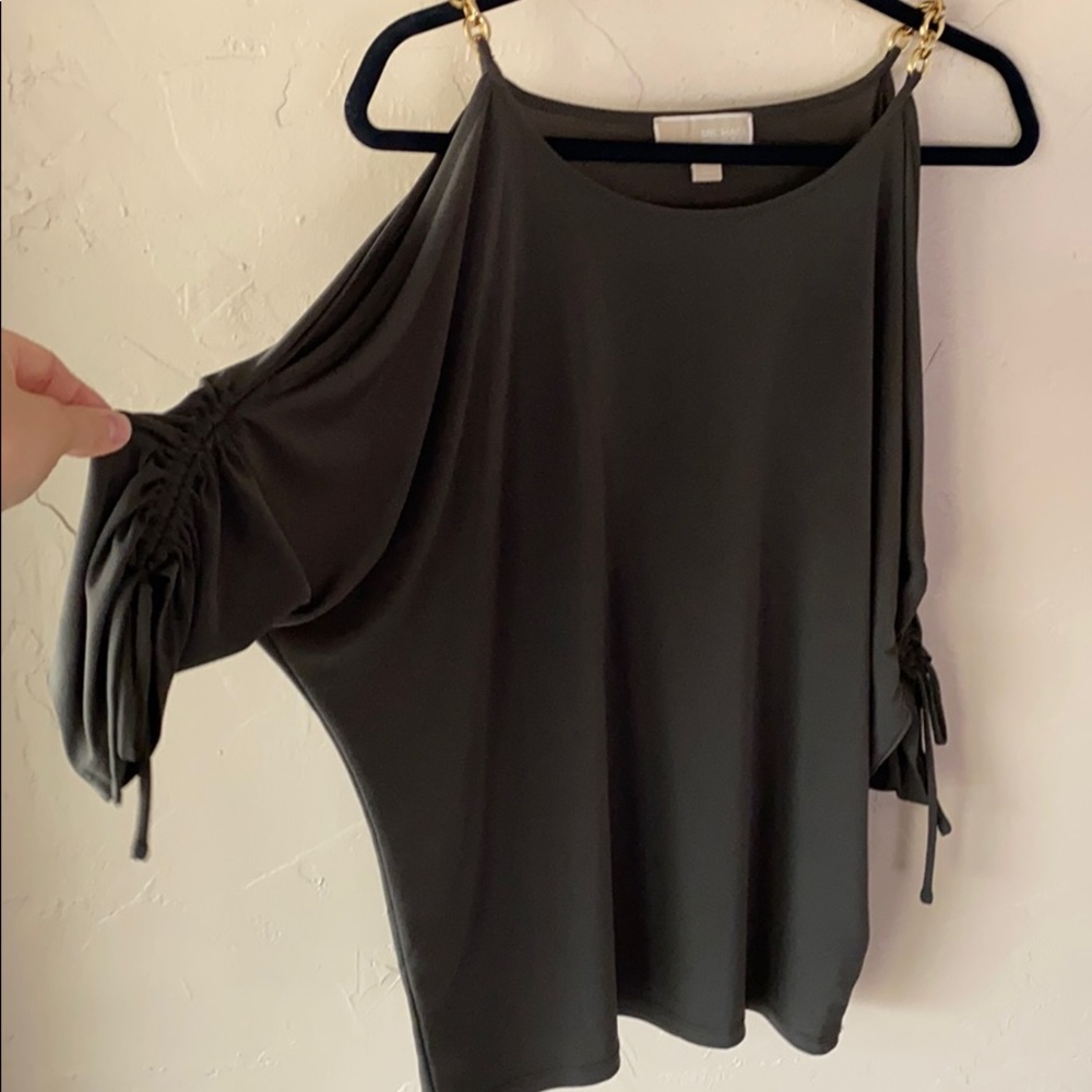 Michael Kors open shoulder army green top
